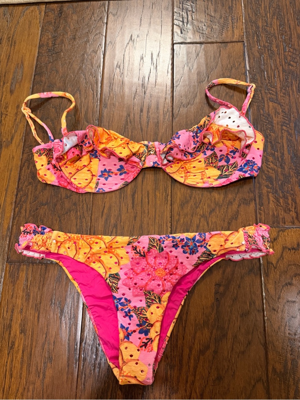 FARM Rio Pink & Orange Floral Ruffle Bikini